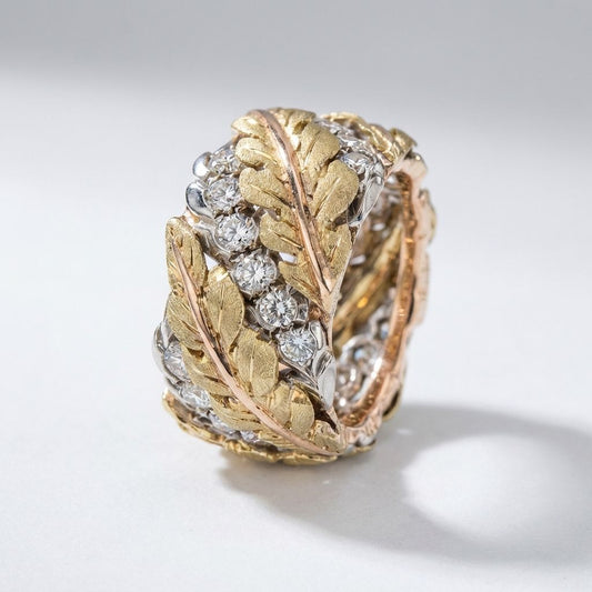 Crystal Leaf Wide Band Ring