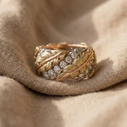 Crystal Leaf Wide Band Ring