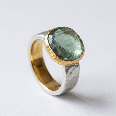 Green Stone Two-Tone Band Ring