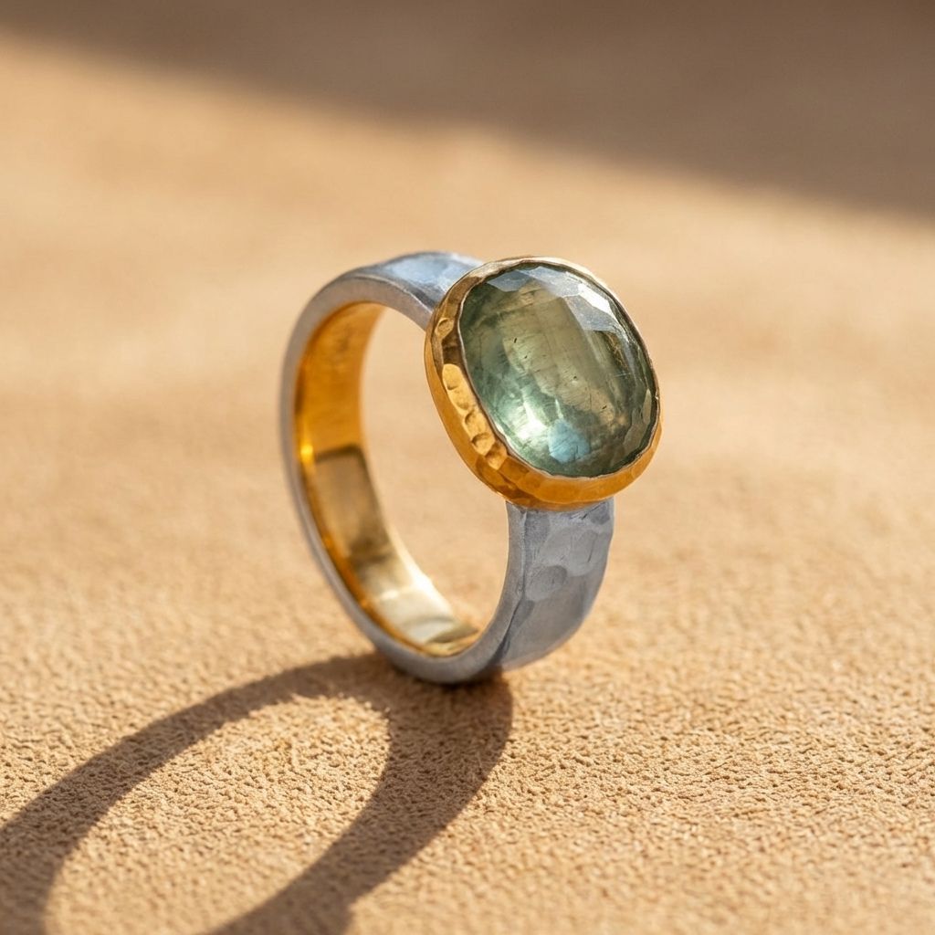 Green Stone Two-Tone Band Ring