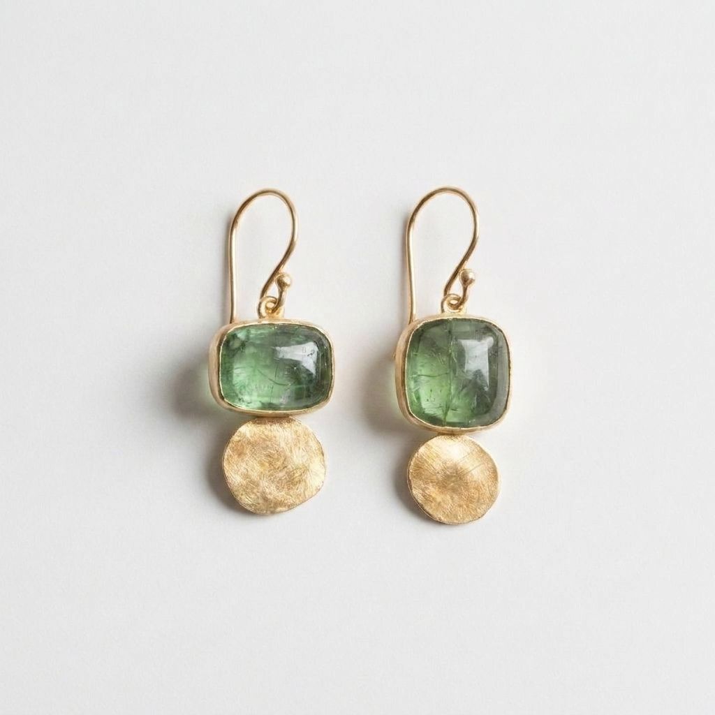 Green Stone Gold Disc Earrings
