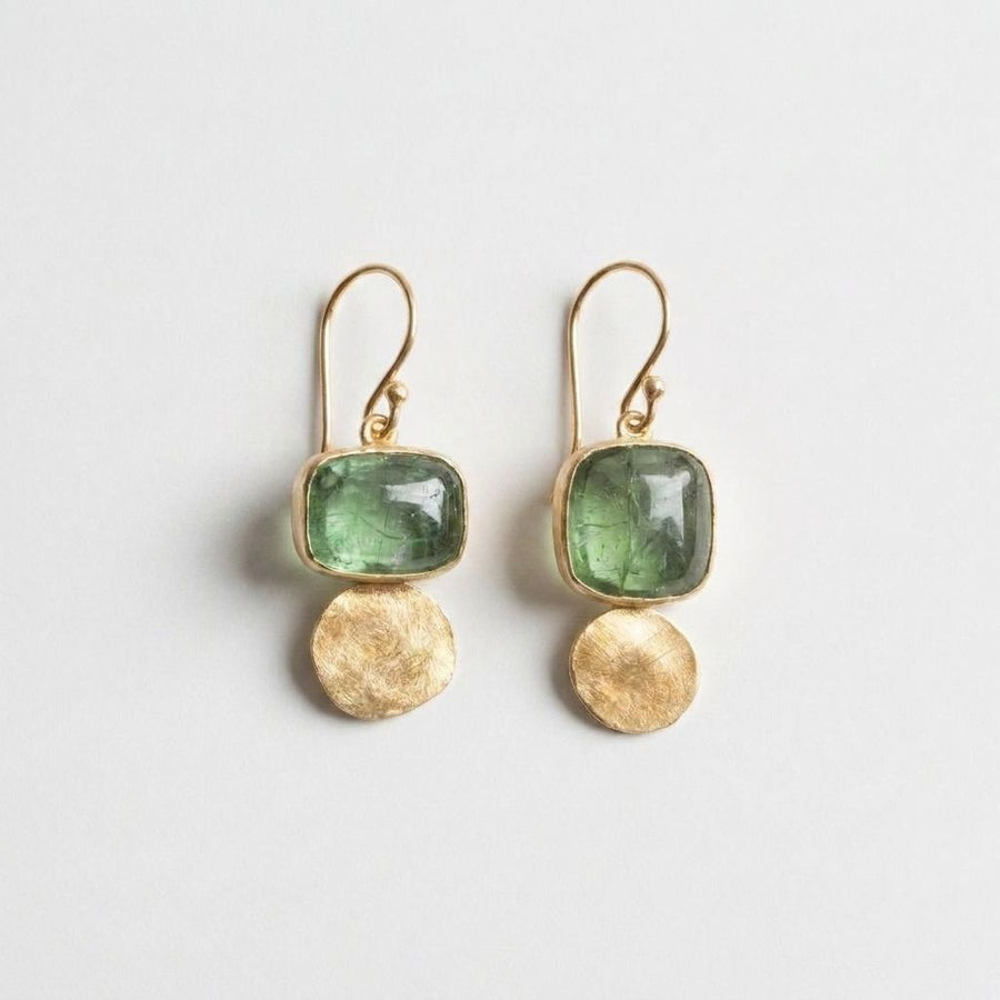 Green Stone Gold Disc Earrings