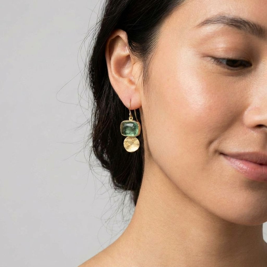 Green Stone Gold Disc Earrings