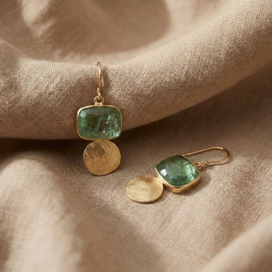 Green Stone Gold Disc Earrings