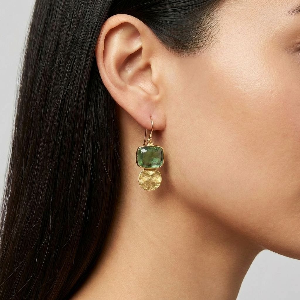 Green Stone Gold Disc Earrings