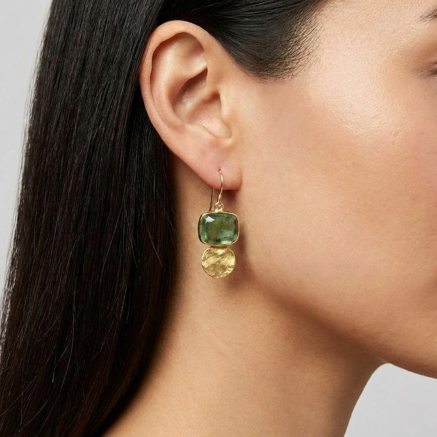 Green Stone Gold Disc Earrings