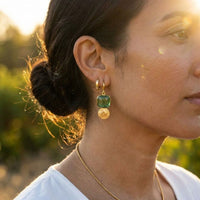 Green Stone Gold Disc Earrings