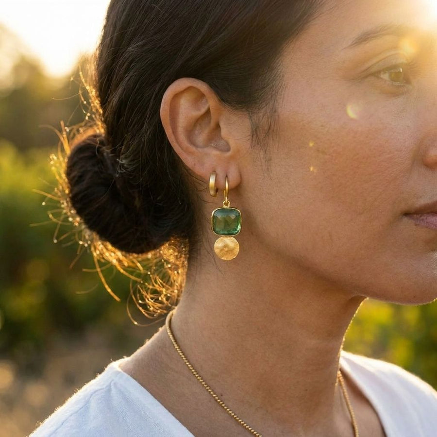 Green Stone Gold Disc Earrings