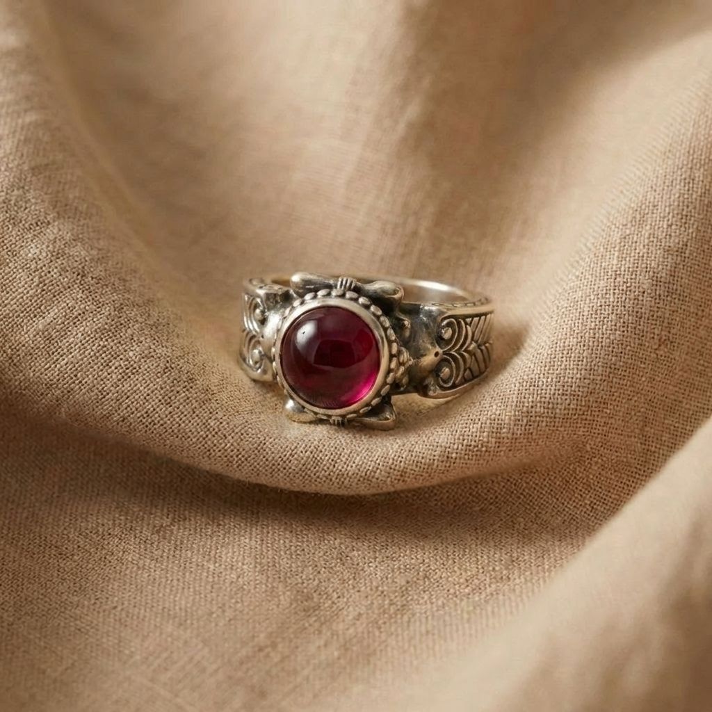Garnet Cabochon Silver Ring