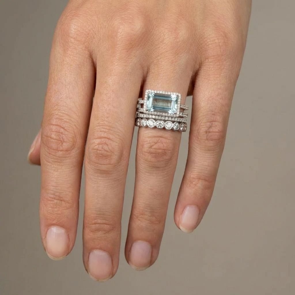 Aquamarine Halo Stack Ring