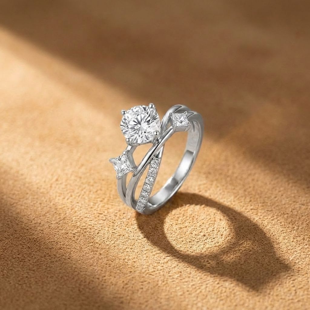 Crystal Solitaire Twist Silver Ring