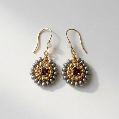 Garnet Pearl Cluster Earrings