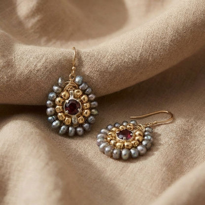 Garnet Pearl Cluster Earrings