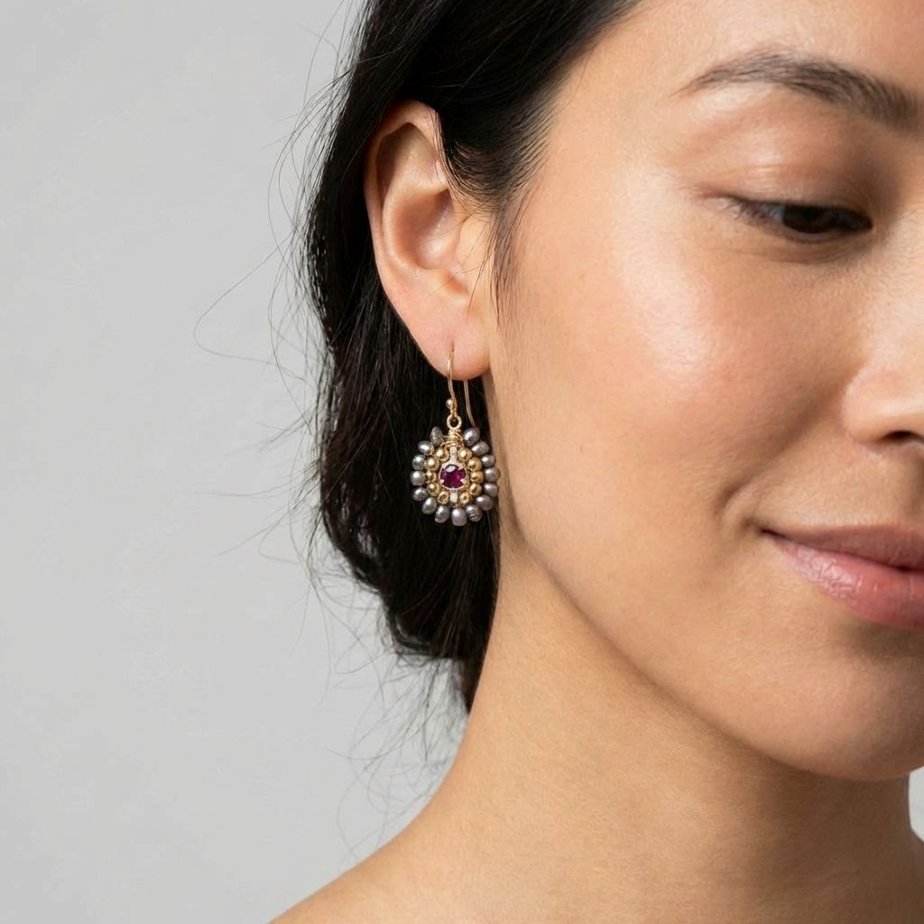 Garnet Pearl Cluster Earrings