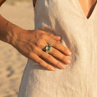 Green Stone Two-Tone Band Ring