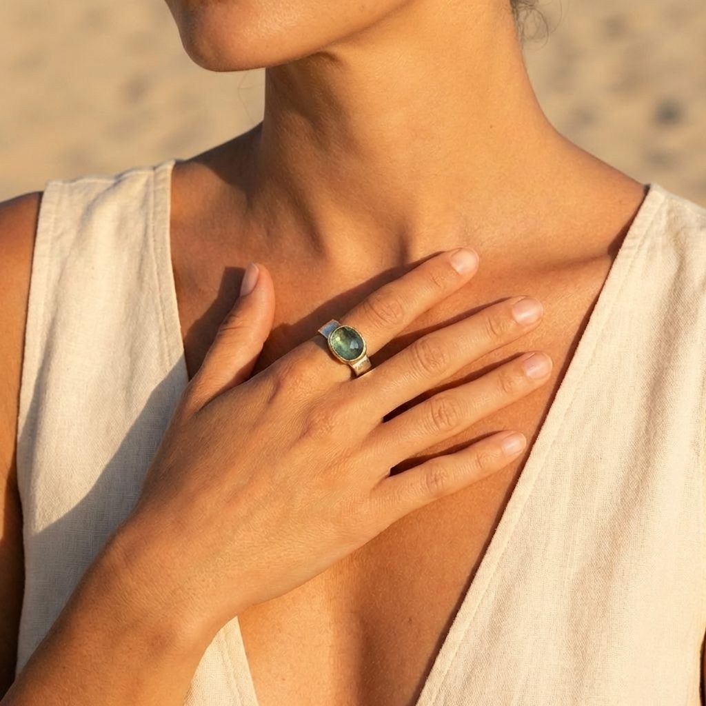 Green Stone Two-Tone Band Ring