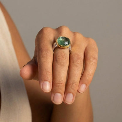 Green Stone Two-Tone Band Ring