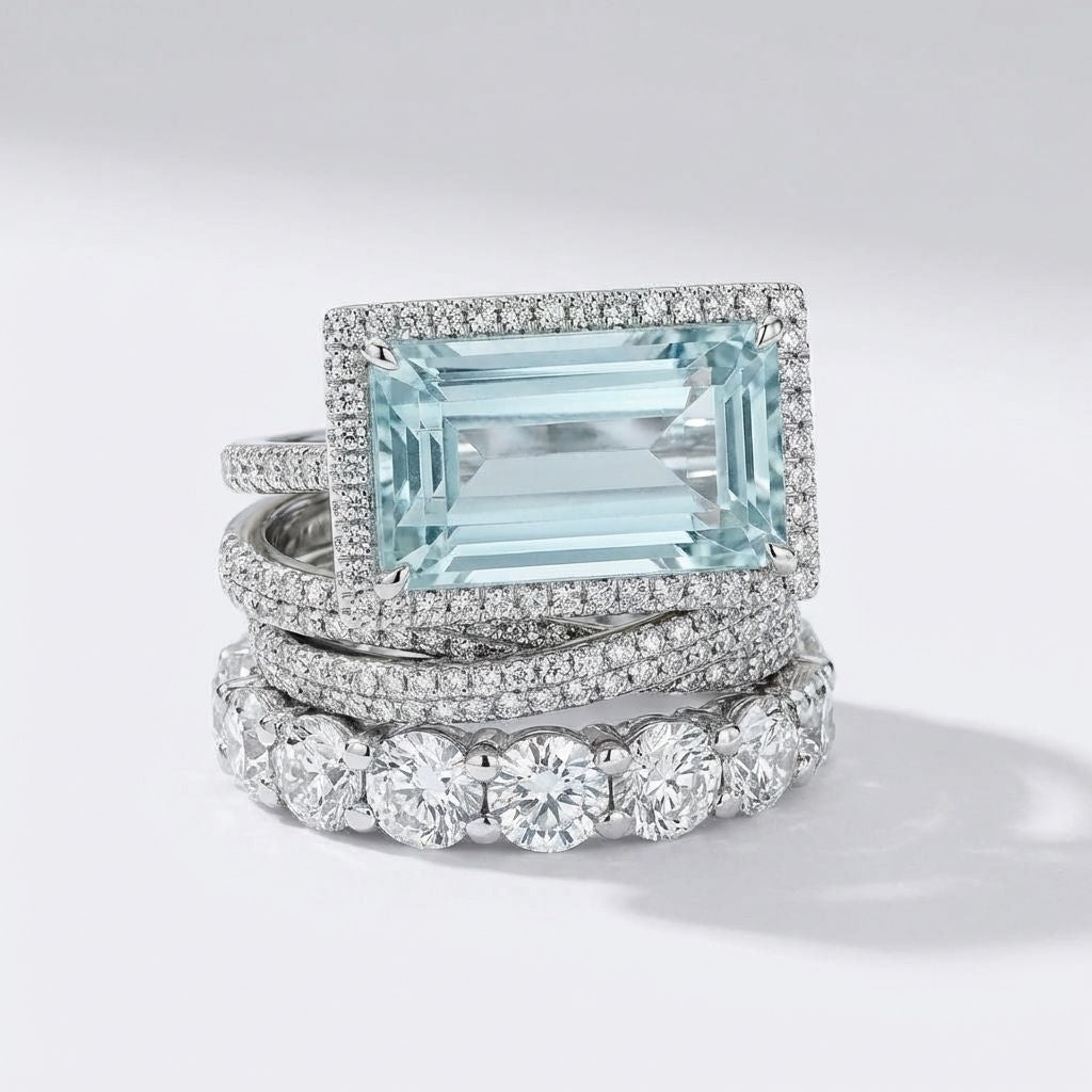 Aquamarine Halo Stack Ring