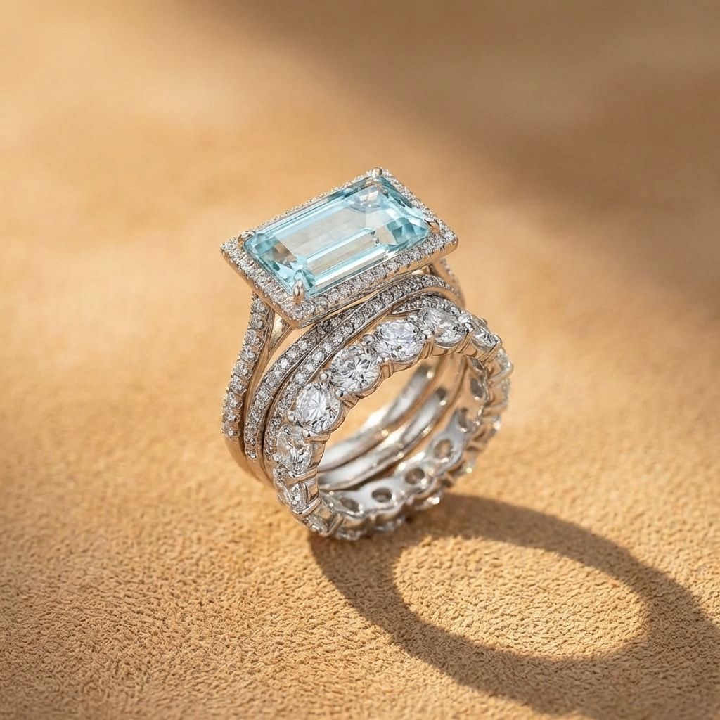Aquamarine Halo Stack Ring