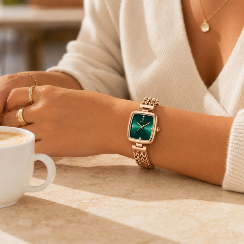 Green Dial Watch with Braided Gold Bracelet