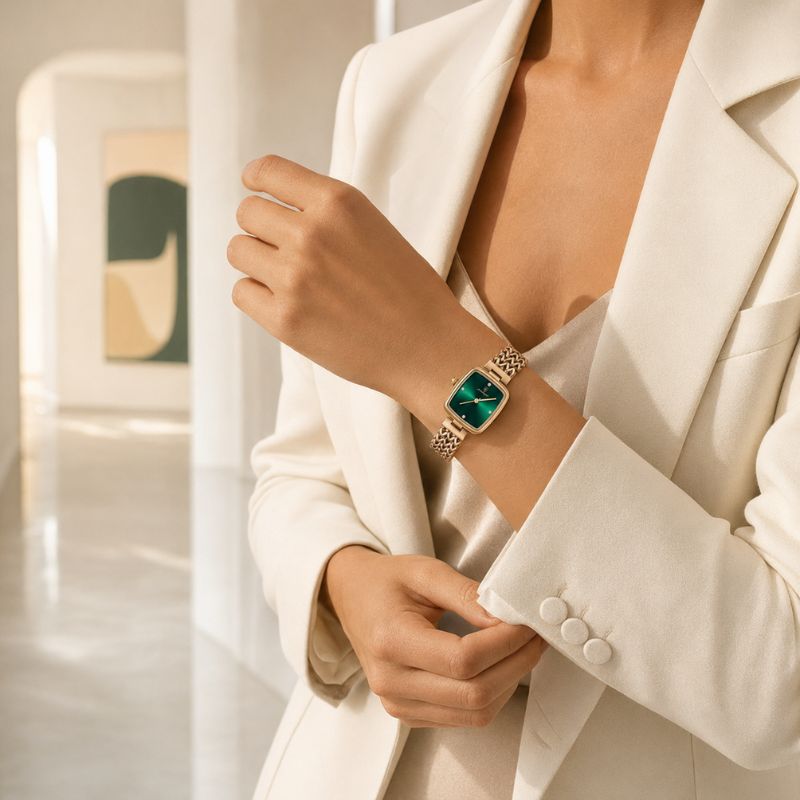Green Dial Watch with Braided Gold Bracelet
