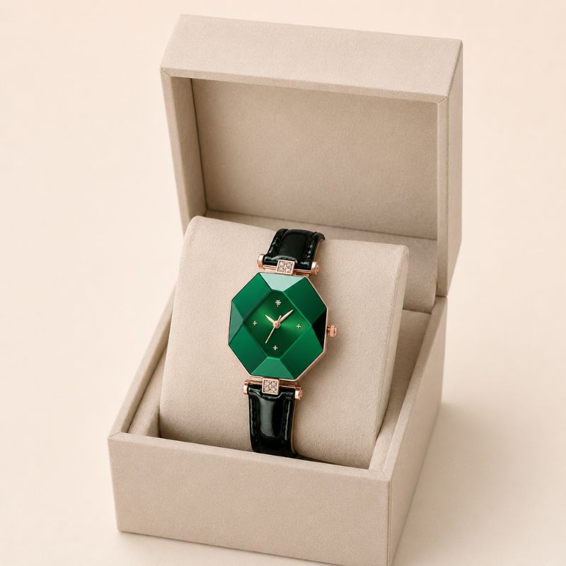 Emerald Crystal Leather Strap Watch