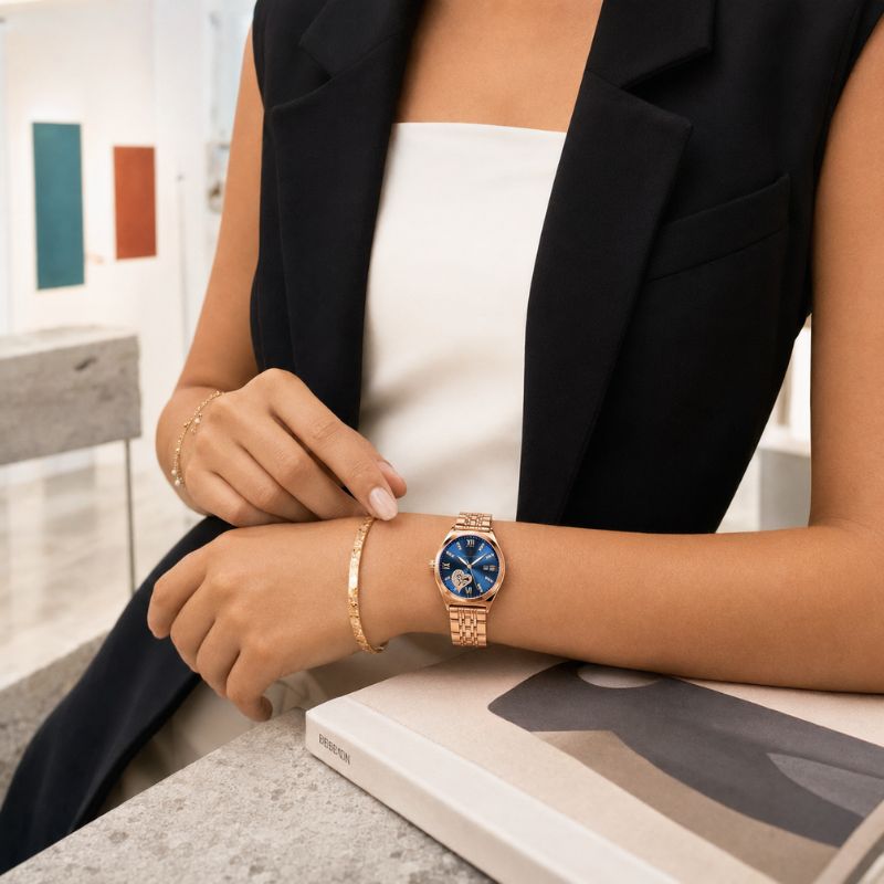 Rose Gold Open-Heart Bracelet Watch