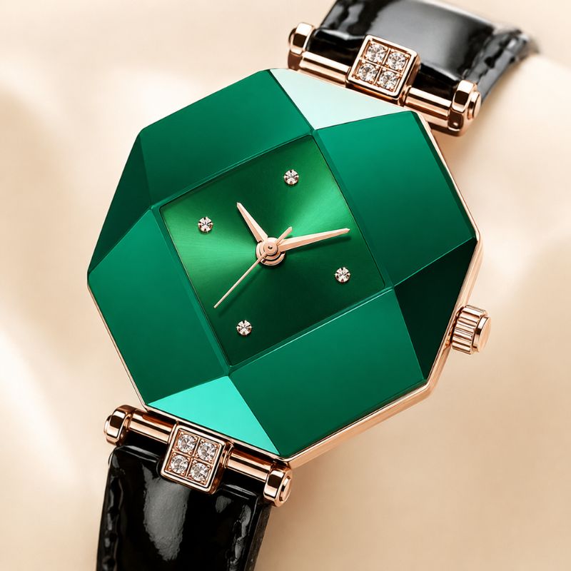 Emerald Crystal Leather Strap Watch
