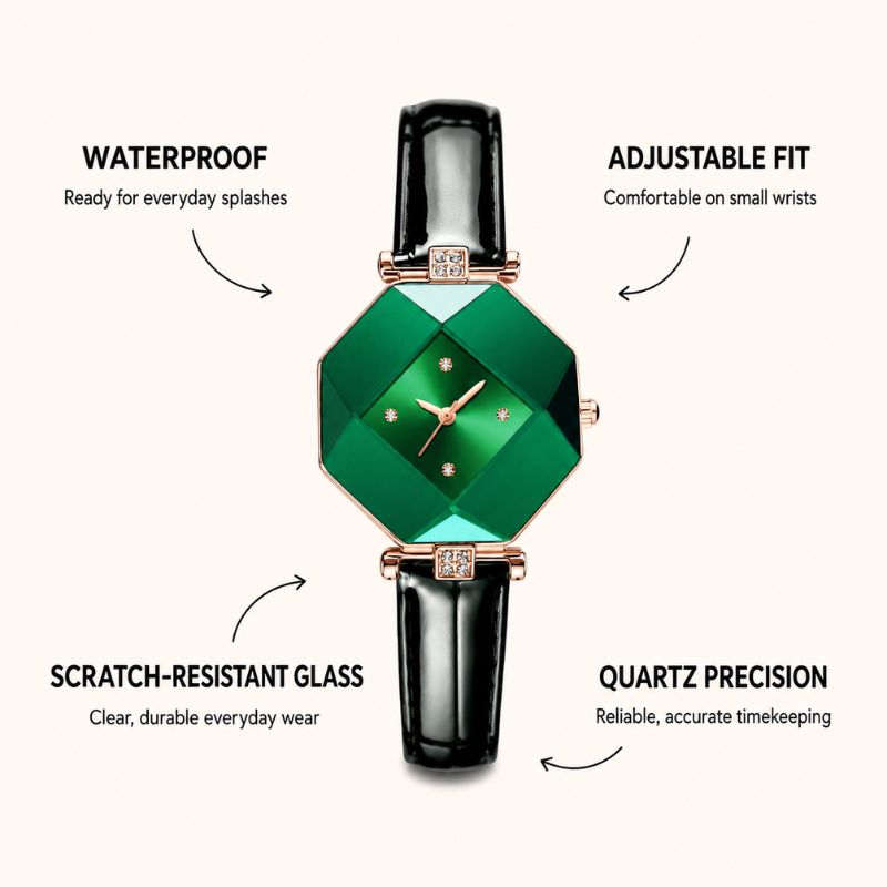 Emerald Crystal Leather Strap Watch