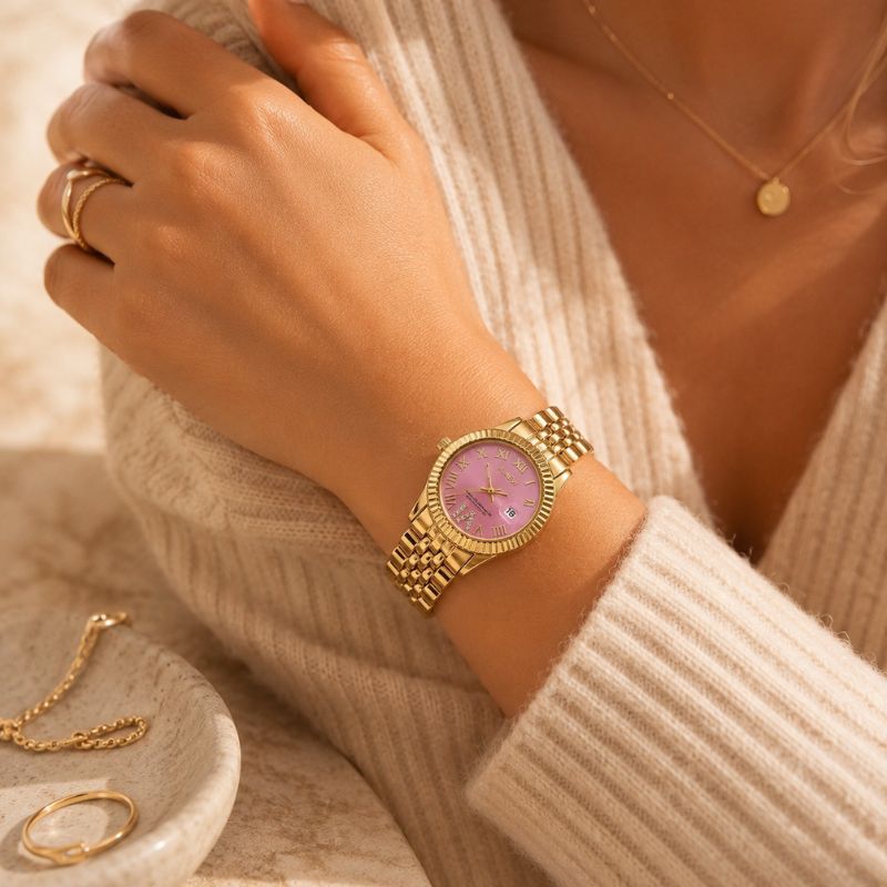 Pink Crystal Gold Bracelet Watch