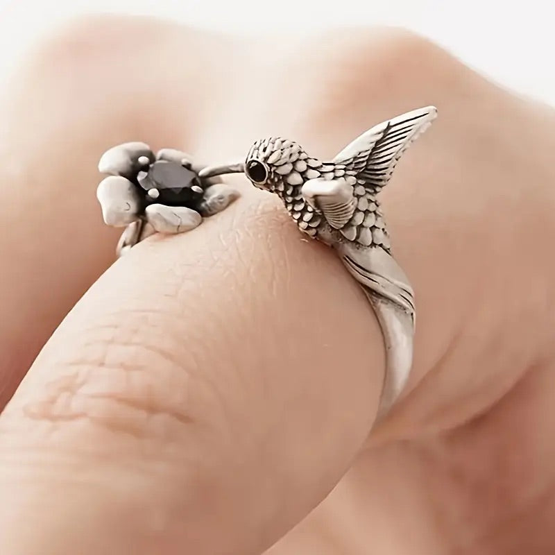 Hummingbird & Flower Ring Adjustable Open Bird Ring