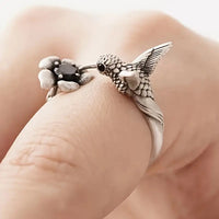 Hummingbird & Flower Ring Adjustable Open Bird Ring