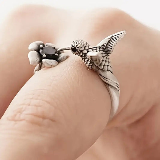 Hummingbird & Flower Ring Adjustable Open Bird Ring