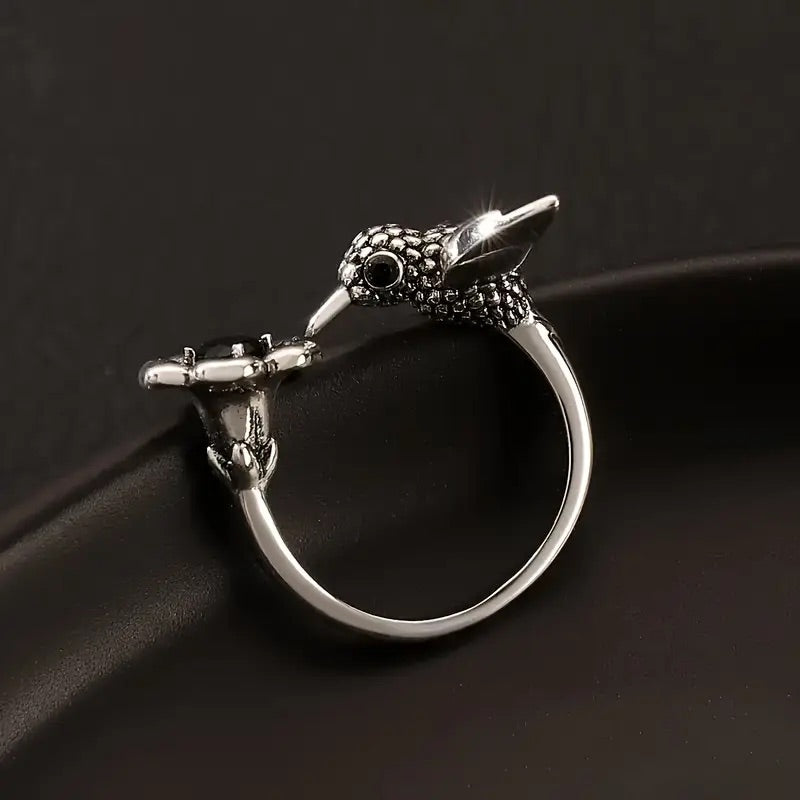 Hummingbird & Flower Ring Adjustable Open Bird Ring