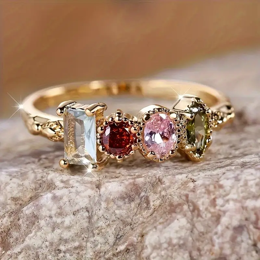 Vintage Colorful Crystals Gold Ring-Lydieannejewelry