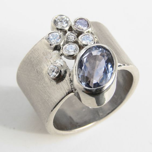 Vintage Inlaid Blue Glass Silver Ring-Lydieannejewelry