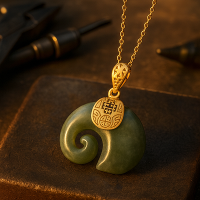 Hetian Jade Elephant Pendant Necklace – 18K Gold Plated Chain for Women
