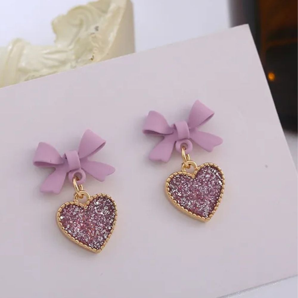 Purple Bow Heart Sequin Clip-On Earrings