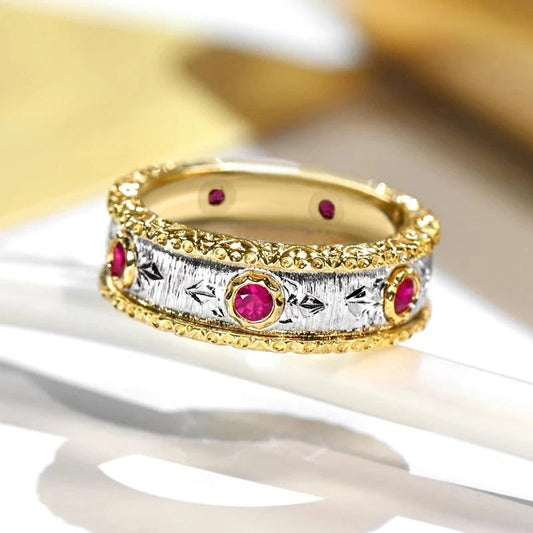 Vintage Red Gemstone Gold Silver Ring-Lydieannejewelry