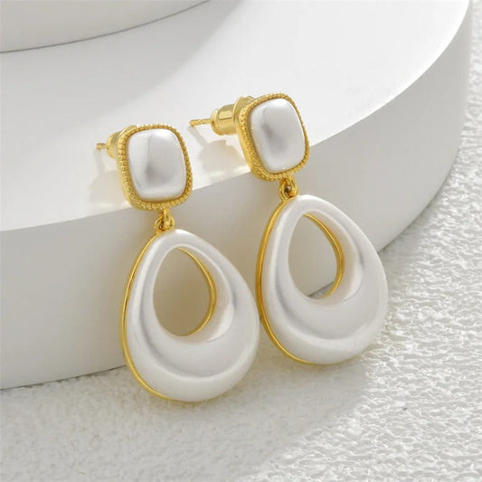 Vintage Gold & White Teardrop Square Stud Earrings-Lydieannejewelry