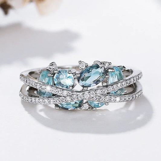 Silver Blue Gemstone Cross Ring-Lydieannejewelry