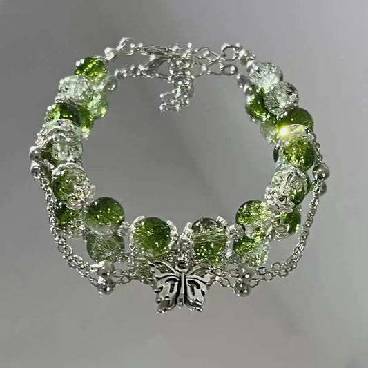 Vintage Silver Butterfly & Green Bead Bracelet-Lydieannejewelry