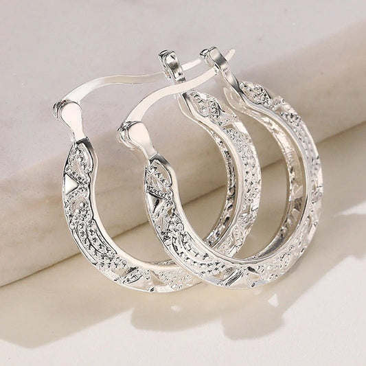 Vintage Silver Carved Pattern Earrings-Lydieannejewelry