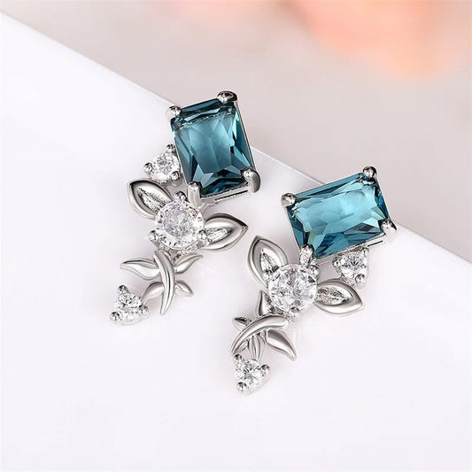 Silver Rectangle Blue Stone Earrings-Lydieannejewelry