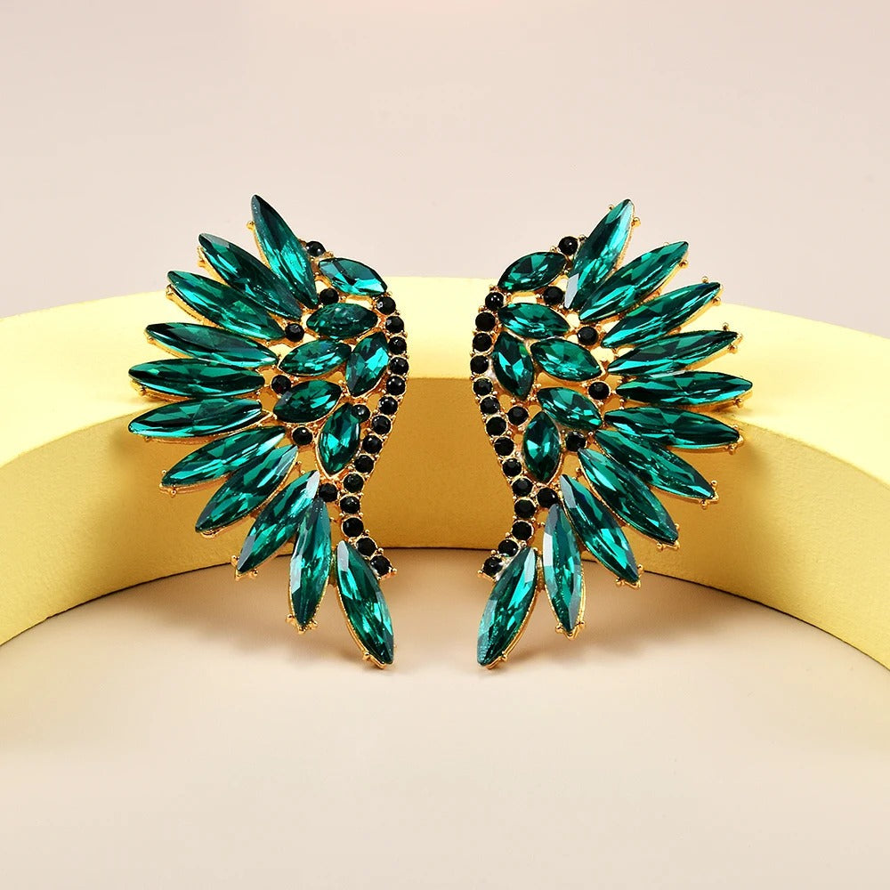 Vintage Gold & Teal Winged Crystal Earrings-Lydieannejewelry