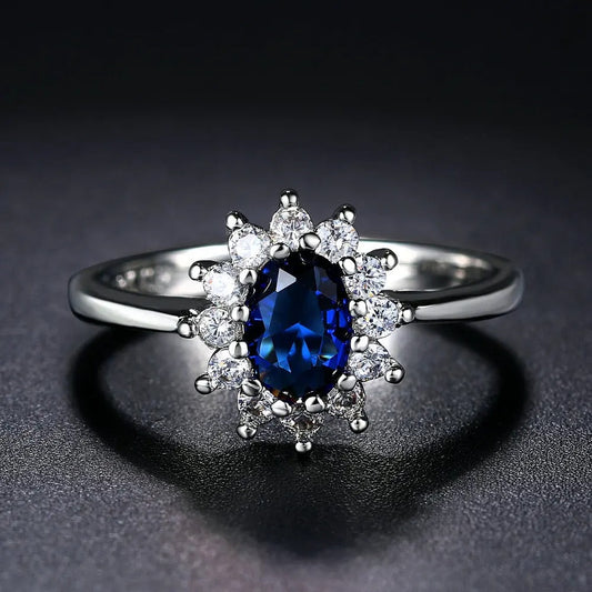 Silver Oval Blue Center Gemstone Halo Ring-Lydieannejewelry