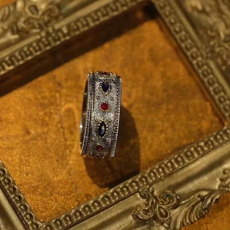 Vintage Silver Palace Style Inlaid Red & Blue Crystal Ring-Lydieannejewelry
