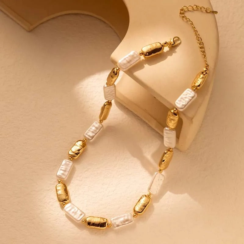 Vintage Gold & White Rectangular Bead Pearl Necklace-Lydieannejewelry