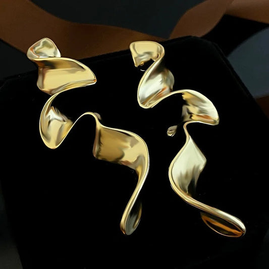 Gold Curved Abstract Wavy Earrings-Lydieannejewelry