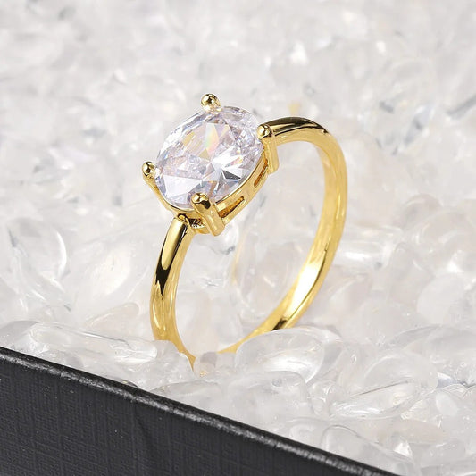 Gold Sparkling Oval Clear Stone & Simple Design Ring-Lydieannejewelry